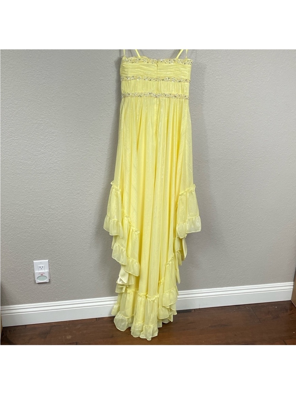 NWT Mac Duggal 68096 Strapless High Low Dress Lemon Yellow Shimmer Chiffon Sz 4 - Picture 3 of 8